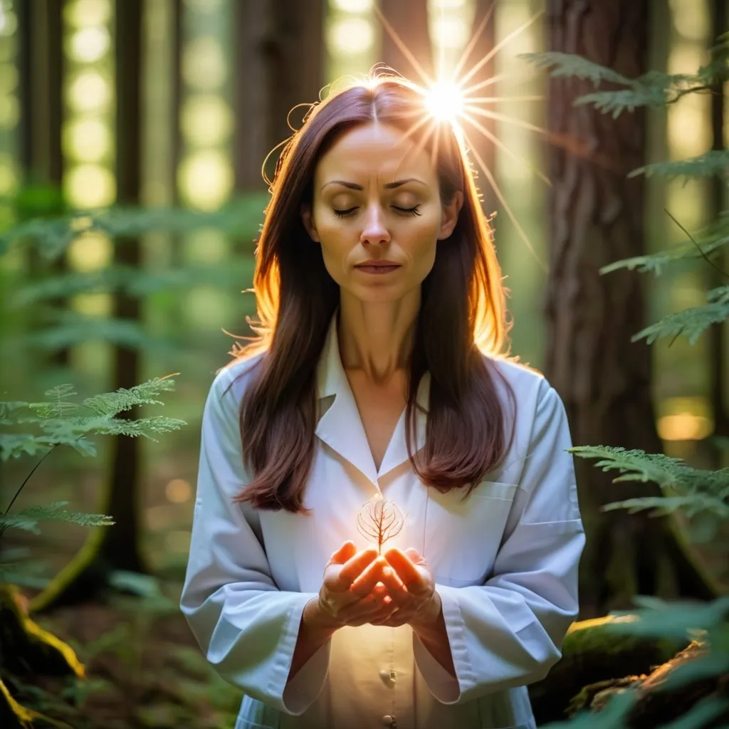 Prompt: Acupuncturist in a mystical forest around sunlight