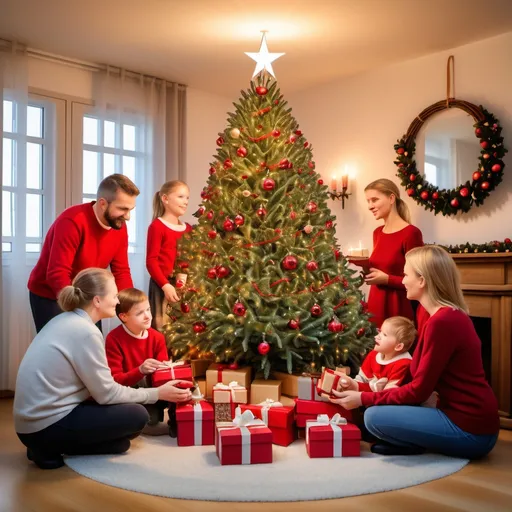 Prompt: A traditional christmas tree and a family beneath the tree with gifts and all traditional stuff German people are used to while celebrating christmans. Only ten presents and not that fully decorated christmas tree. only red  Christmas baubles and 
straw stars. not that ful decorated christmas tree please. a advent wreath in the background with 4 candles
