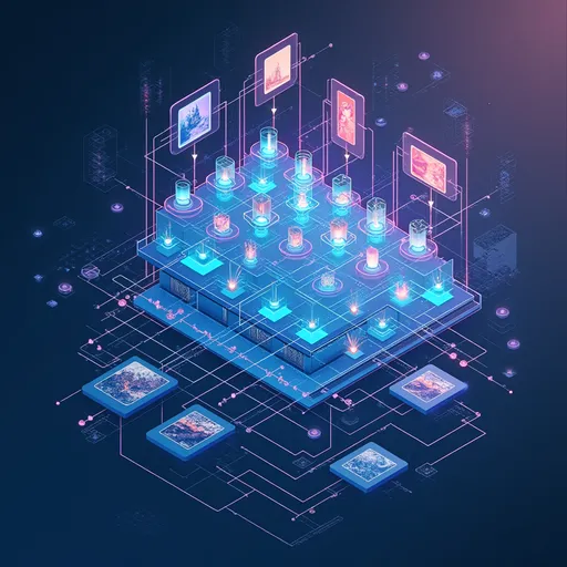 Prompt: Create an artistic representation of a Convolutional Neural Network (CNN). The image should visually depict the layers of the network, including convolutional layers with filters, padding, activation functions, and pooling layers. Show arrows illustrating the flow of data through the network. Incorporate elements like neural connections, circuit patterns, and abstract representations of images being processed. Use a futuristic color scheme, blending blues and purples, to convey a sense of advanced technology in artificial intelligence