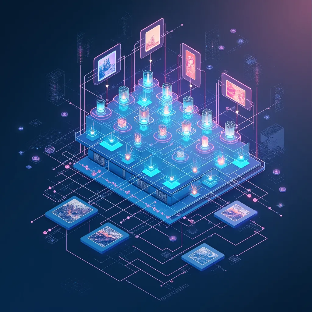 Prompt: Create an artistic representation of a Convolutional Neural Network (CNN). The image should visually depict the layers of the network, including convolutional layers with filters, padding, activation functions, and pooling layers. Show arrows illustrating the flow of data through the network. Incorporate elements like neural connections, circuit patterns, and abstract representations of images being processed. Use a futuristic color scheme, blending blues and purples, to convey a sense of advanced technology in artificial intelligence