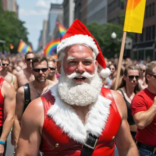 Prompt: Hairy santa claus in leather at gay pride parade