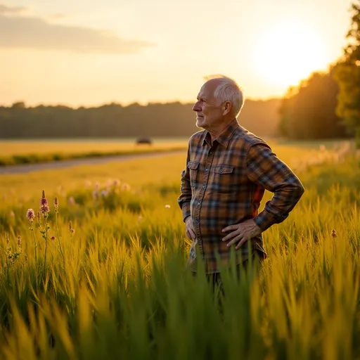 Prompt: @es1yH5lJrefvgxBRh649 standing in a sunlit field of green grass during golden hour searching with his eyes to find the perfect spot to camp for the night