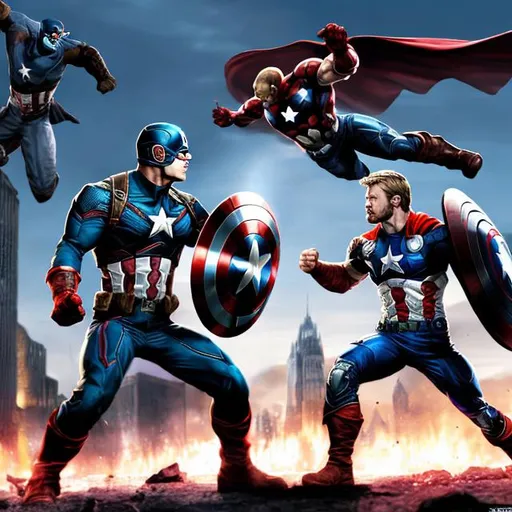 Prompt: Captain America and Thor fighting enemies in game-fighting style, detailed shields and weapons, Avengers background, high quality, game-fighting, detailed characters, dynamic poses, action-packed, powerful impact, vibrant colors, intense lighting, 3D rendering, superhero, detailed armor, cool tones, cinematic lighting, professional, highres, ultra-detailed