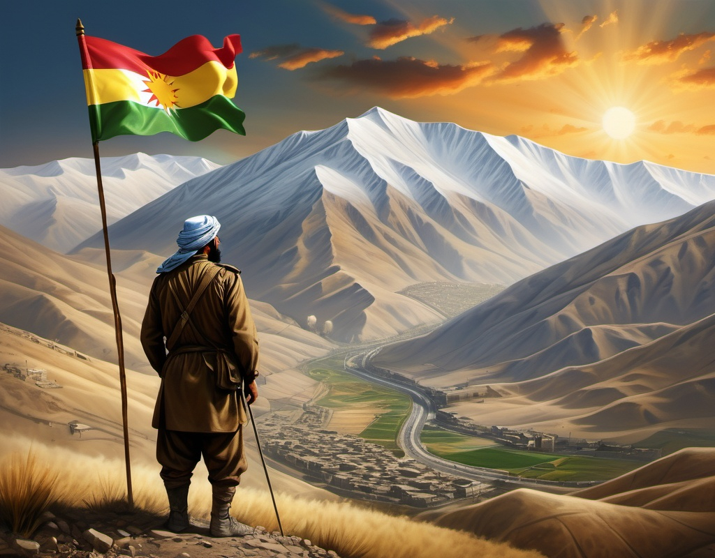 Prompt: Here is the depiction of the majestic Kurdish mountain landscape with the Kurdistan flag  man 