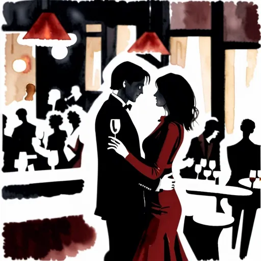 Prompt: 2d. Watercolor art. There's two people meeting for the first time: one of them is already falling in love. They're drinking a glass of wine in a wine bar, by night while a jazz band is playing on the background. The dominant colors are red and bordeaux. the girl wears a black skirt and a red shirt and the man is a musician and has a guitar on his shoulder. there's people around them but there's a spotlight only on the couple.