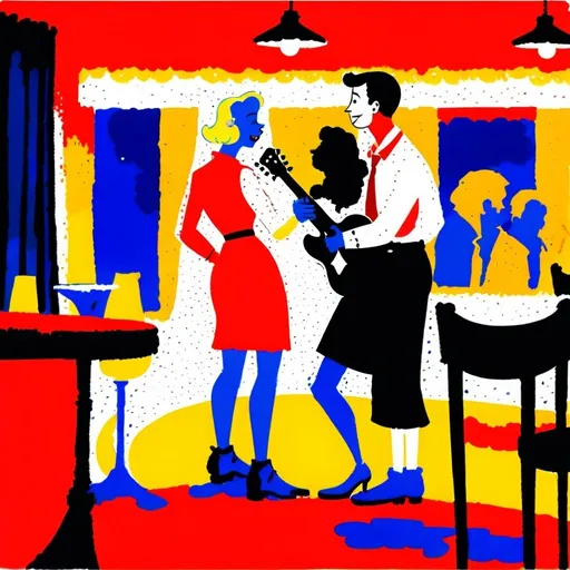 Prompt: 2d comic book panel, in the style of Tintin by Hergé. Watercolor art. 
There's two people meeting for the first time: one of them is already falling in love. They're drinking a glass of wine in a wine bar, by night while a jazz band is playing on the background. The dominant colors are red and bordeaux. 
the girl wears a black skirt and a red shirt and the man is a musician and has a guitar on his shoulder. 
there's people around them but there's a spotlight only on the couple.
