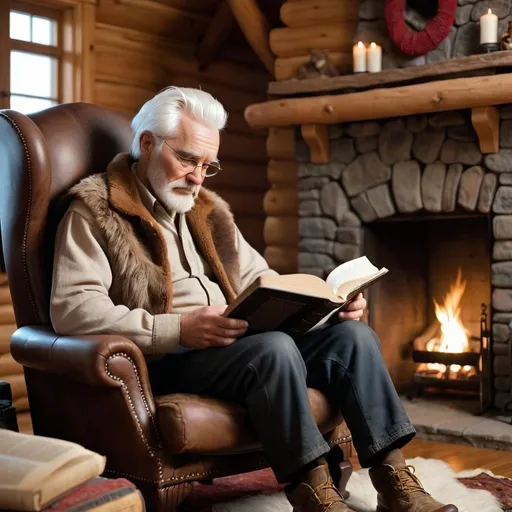 Prompt: A man sitting in a brow  leather chair reading a quote from the bible older man white white hair and a humble look sitting by a fire place  with a bear skin rug