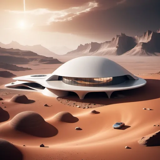 Prompt: A house on Mars with mountains and the sun behind it, in addition to a large water tank, a desert-like land, buildings connected to each other, Zaha Hadid, an underground basement.