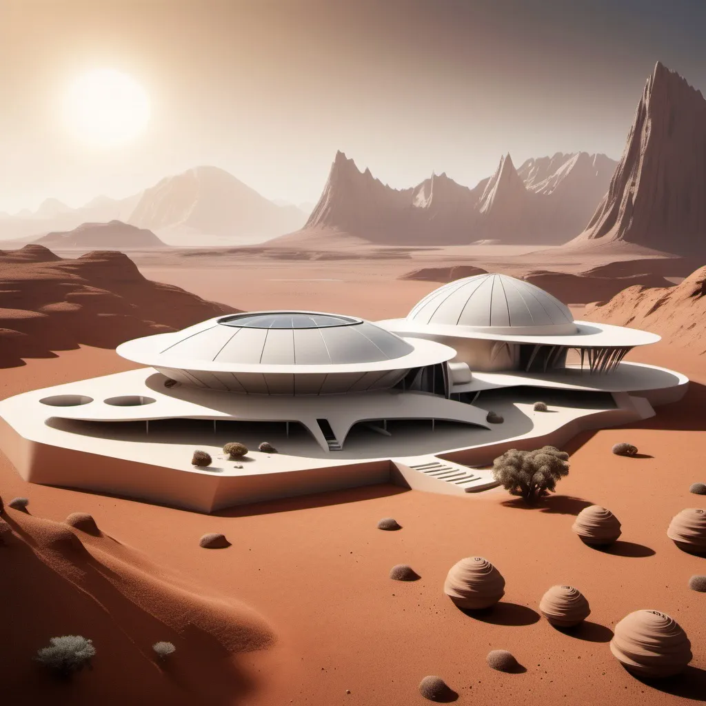 Prompt: A house on Mars with mountains and the sun behind it, in addition to a large water tank, a desert-like land, 5 buildings connected together that resemble an anthill, Zaha Hadid, an underground basement, a research center, water, trees, a small colony