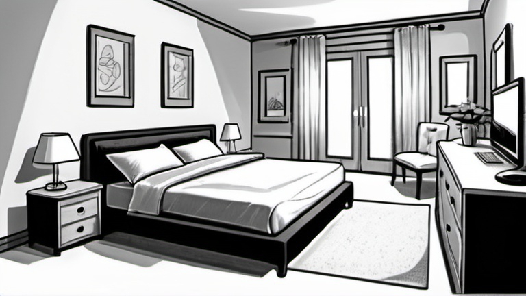 Prompt:  Perspective drawing of a bedroom. It has a bed that has two nighstands beside it and a beanbag at the corner, along with a table. Have it be easy to trace

