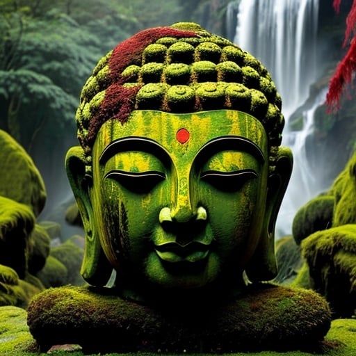 Prompt: megalith Buddha head covered in moss floating in red mist, with a waterfall