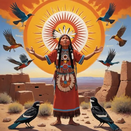 Prompt: a Hopi sun singing to the birds
