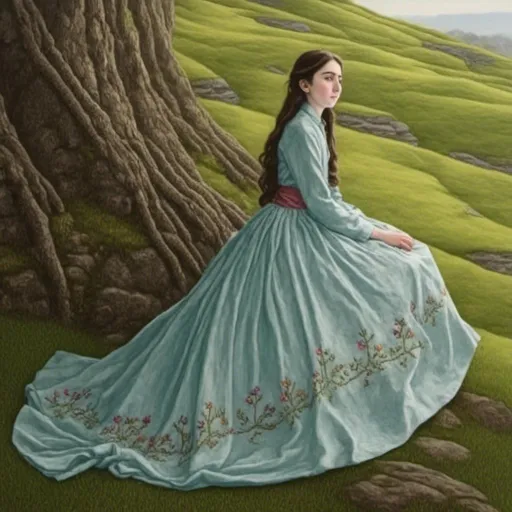 Prompt: <mymodel>Leah wearing extravagant ballgown with long sleeves on a grassy hill, vivid colors, photorealistic, fantasy, detailed embroidery, flowing fabric, elegant design, magical atmosphere, high quality, photorealism, fantasy, vibrant colors, detailed, surreal lighting