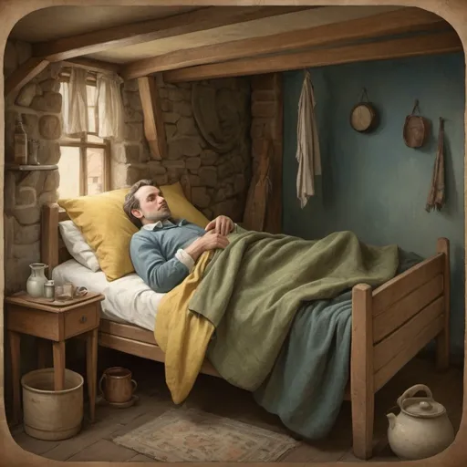 Prompt: A sick man lying in bed in a hovel. (The style is vintage and should combine the precision of lithographic illustrations with a painterly approach. polished, classical illustration with a gentle, nostalgic, timeless quality. Muted, earthy, colors, nostalgic feel with a vintage wash. warm browns, subdued blues, and olive greens, soft yellow “aged” undertone. Refined, steady, soft and detailed line work, capturing textures in fabrics, wood and stonework. Fine cross-hatching and subtle shading to give depth and structure. soft and diffused light source. Shadows used sparingly and subtly. gentle gradient across surfaces, mild shading around the characters and objects. facial expressions are gentle and subtle. clothing is layered and textured. The background includes classic Dutch architecture, with tall, narrow buildings featuring distinct roof shapes and windows. This backdrop is well-integrated but slightly out of focus. a subtle texture overlay across the entire image, giving it a slightly "grainy" look that enhances the vintage effect. )
