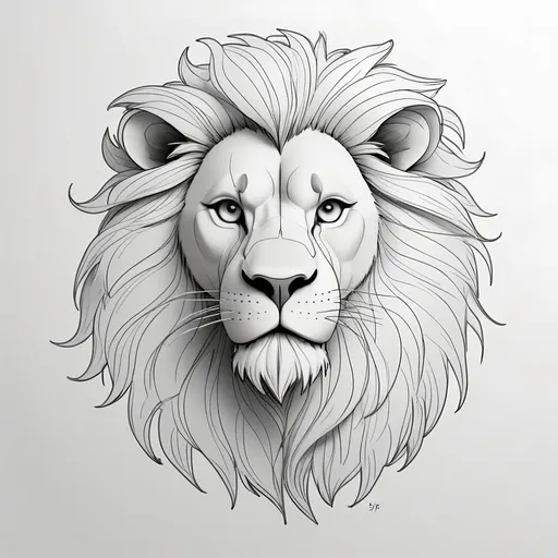 Prompt: Line drawing of a lion head with full mane, head turned 75 degrees, minimal detail, clean lines, simple design, sketch, black and white, minimalistic, simple lines, artistically minimal, strong outline, professional quality