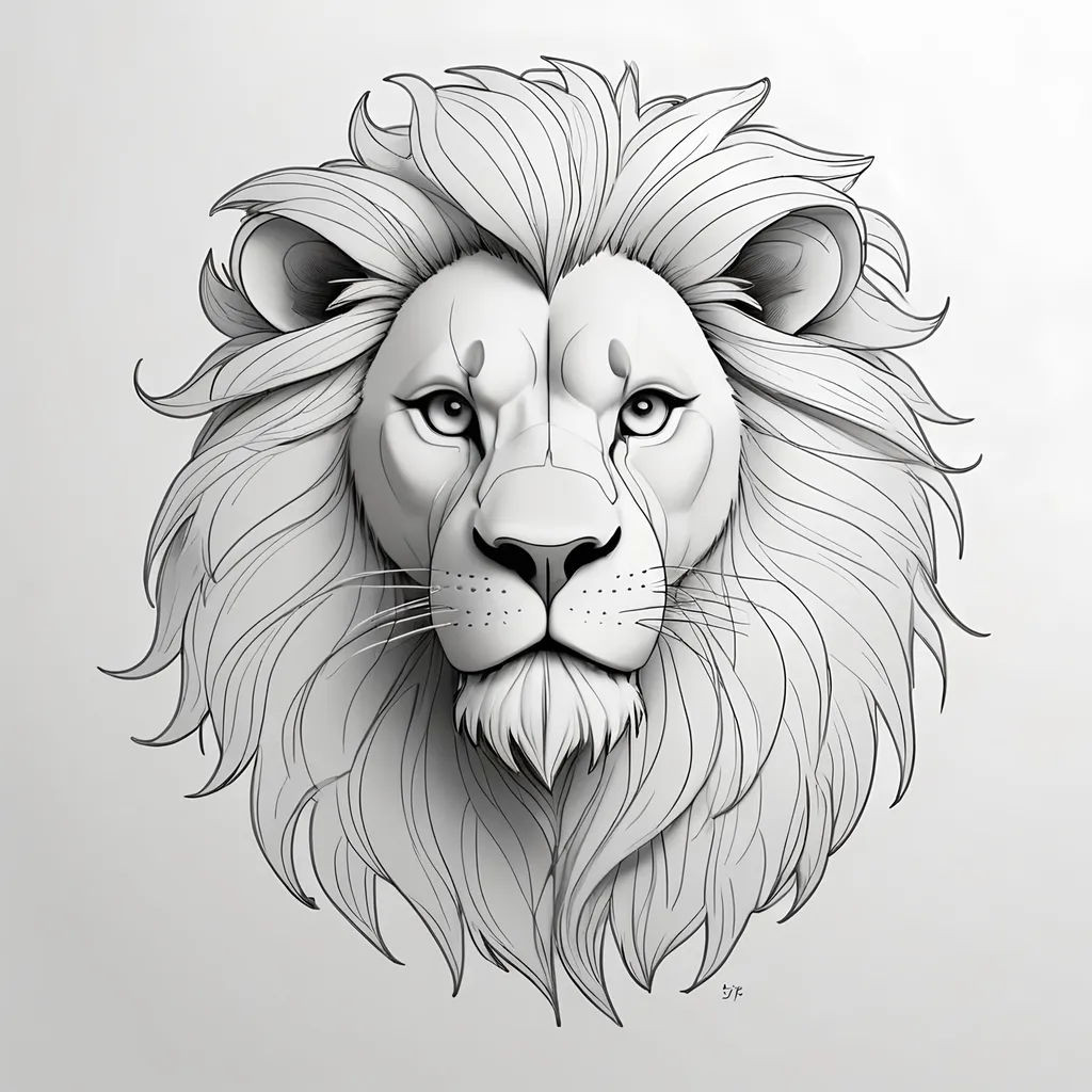 Prompt: Line drawing of a lion head with full mane, head turned 75 degrees, minimal detail, clean lines, simple design, sketch, black and white, minimalistic, simple lines, artistically minimal, strong outline, professional quality