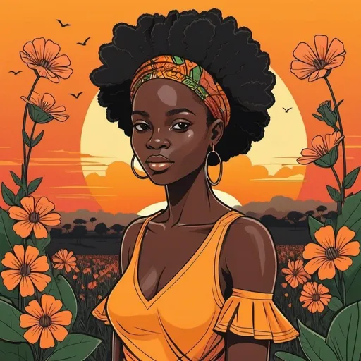 Prompt: A flower black girl, african sunset, thin line art, flat color illustration, high quality, african flowers, wildlife