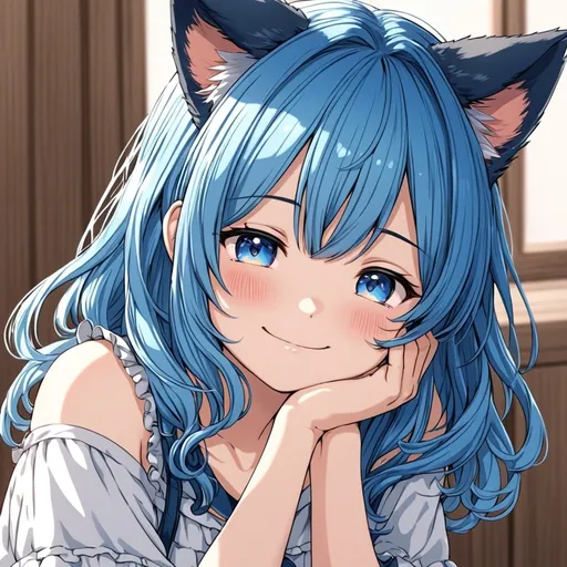 Prompt: anime, girl, detailed, blue hair, shy, cat ears, very detailed, cute smile