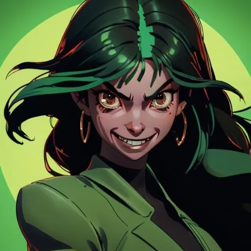 Prompt: Black girl, green hair, brown eyes, evil grin