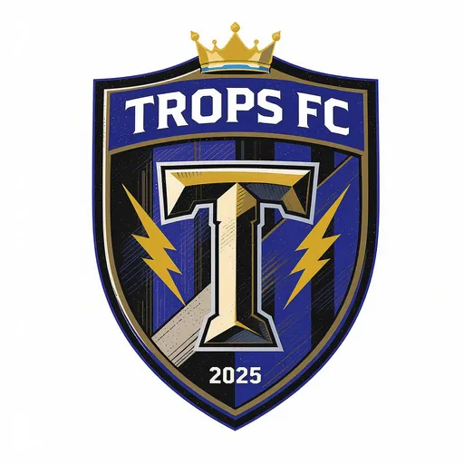 Prompt: Crie um escudo moderno e impactante para um time de futebol society chamado Trops FC. O escudo deve transmitir atitude, moral e profissionalismo. Siga estas diretrizes:

Formato: escudo tradicional (estilo europeu), com base arredondada e topo levemente reto

Cores principais: azul royal, preto e branco

Elemento central: uma coroa dourada no topo do escudo (representando a torcida Coroa de Ouro)

Símbolo principal: a letra T estilizada no centro, com traços fortes e modernos

Detalhes: adicione listras diagonais discretas ao fundo, e dois relâmpagos cruzando atrás do “T”, representando energia e atitude

Ano de fundação: inclua “2025” discretamente na parte inferior

Tipografia: o nome "TROPS FC" deve estar em caixa alta, em fonte firme, na parte superior ou central do escudo


O estilo deve ser limpo, forte e com acabamento profissional, ideal para aplicação em uniforme, banner e redes sociais.

