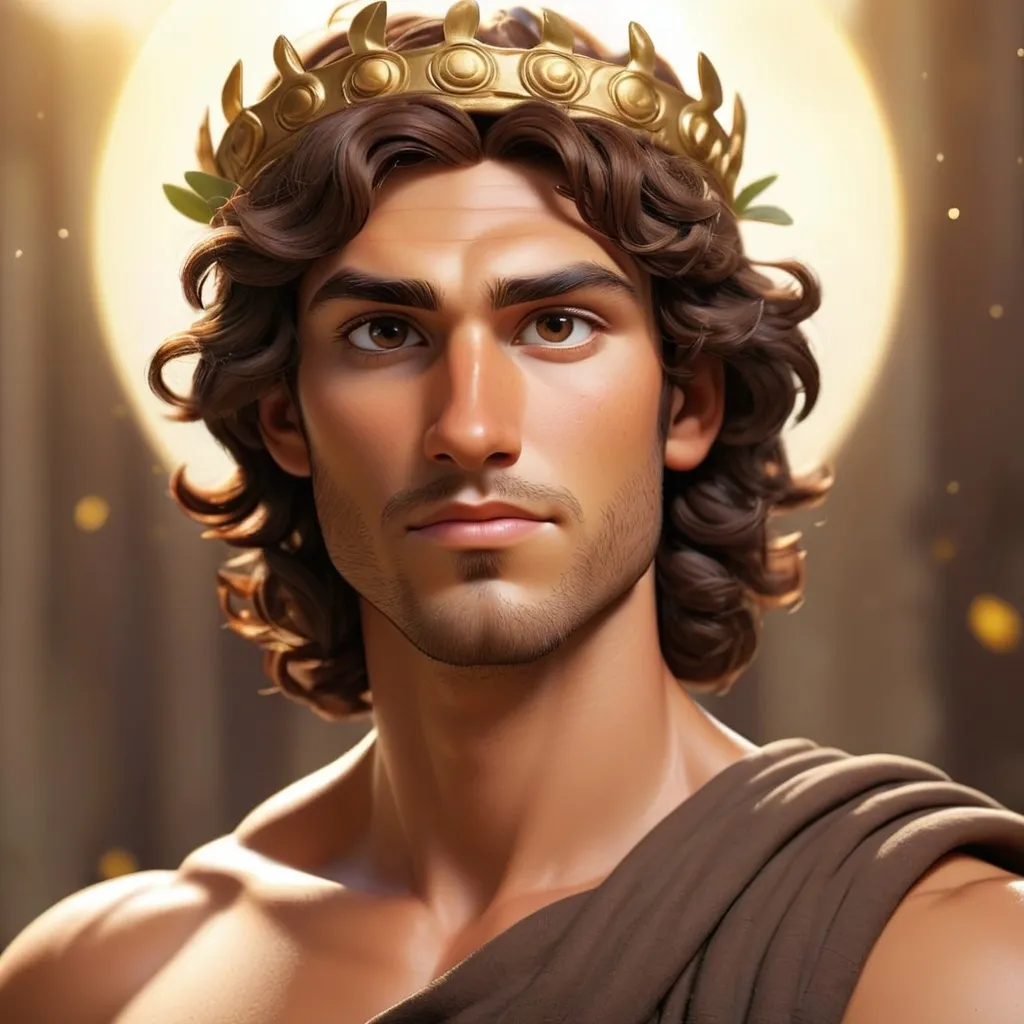 Prompt: young adult, handsome man with god-like youthful features, olive toned skin, chocolate brown wavy hair with a slight beard. the human form of Apollo, the sun god, wearing a roman crown. realistic.




