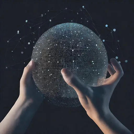 Prompt: a person holding a glass globe in their hand with a network of dots around it and a dark background, Art & Language, les automatistes, technology, computer graphics