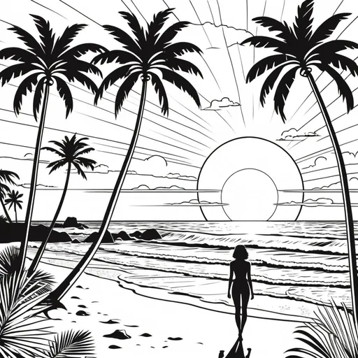 Prompt: B&W coloring book page, lady on the beach in a sunset surouned by palm trees