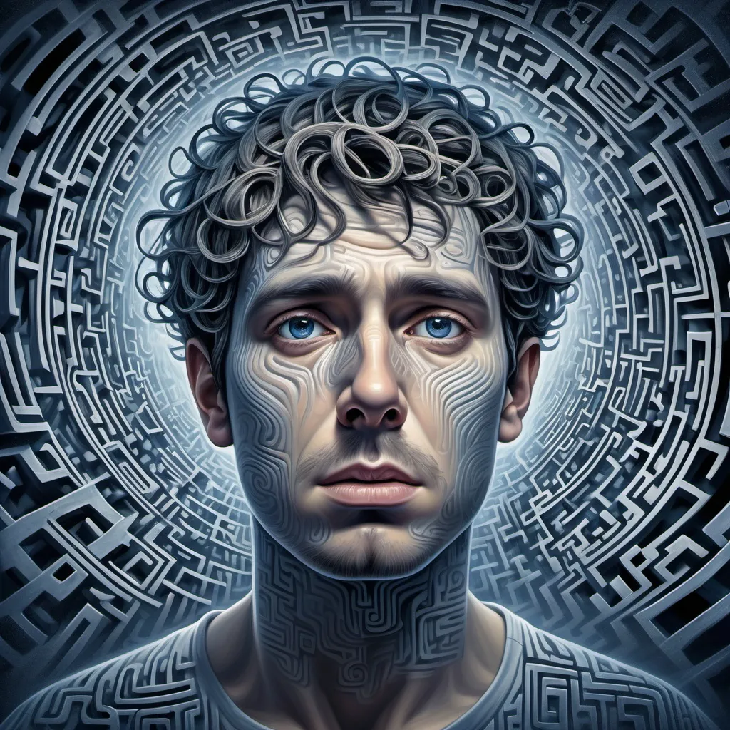 Prompt: (creative depiction of a person trapped in his mind), ethereal atmosphere, intricate labyrinth of thoughts, swirling patterns representing confusion, muted colors like deep blues and grays, soft glowing lights illuminating paths, distant voices echoing, introspective mood, complex expressions on the person's face, high definition, ultra-detailed, dreamlike quality illustrating psychological struggle.