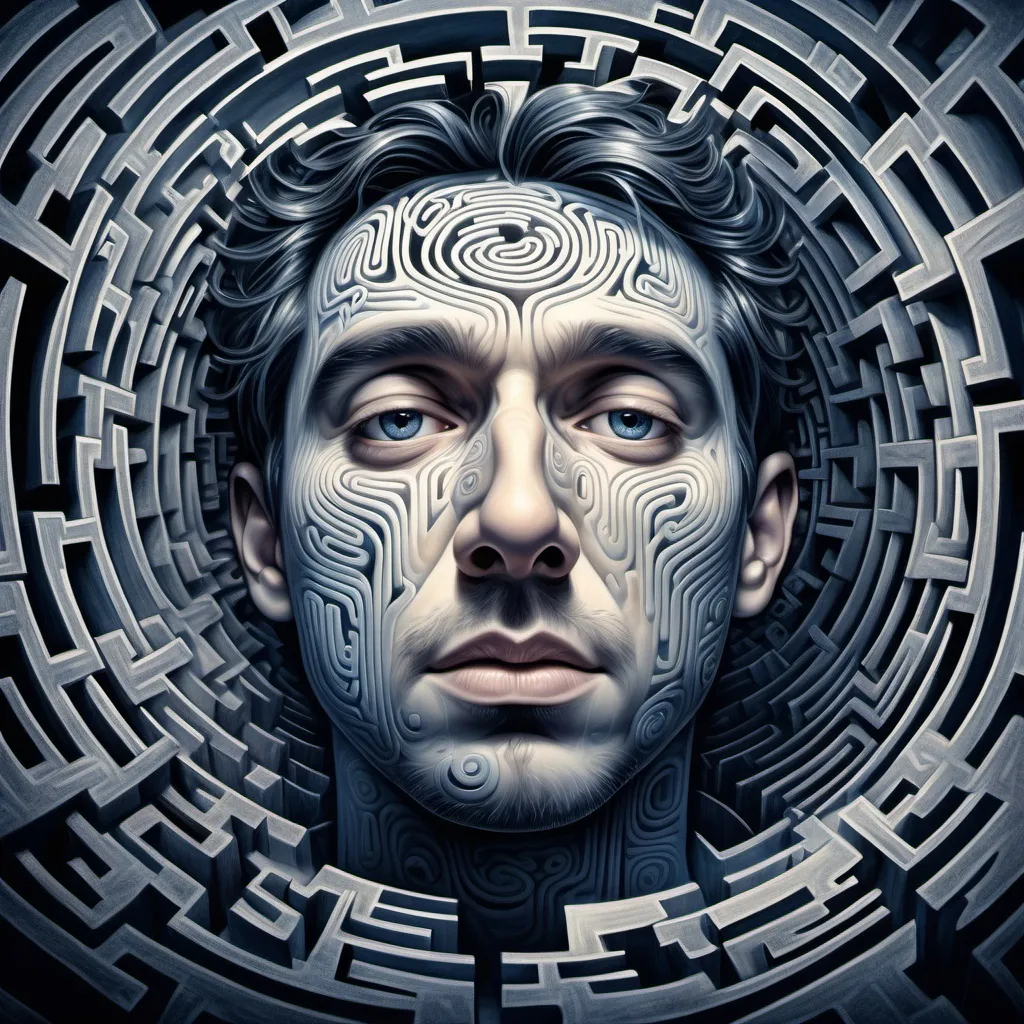 Prompt: (creative depiction of a person trapped in his mind), ethereal atmosphere, intricate labyrinth of thoughts, swirling patterns representing confusion, muted colors like deep blues and grays, soft glowing lights illuminating paths, distant voices echoing, introspective mood, complex expressions on the person's face, high definition, ultra-detailed, dreamlike quality illustrating psychological struggle.