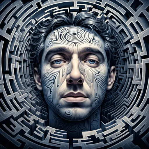 Prompt: (creative depiction of a person trapped in his mind), ethereal atmosphere, intricate labyrinth of thoughts, swirling patterns representing confusion, muted colors like deep blues and grays, soft glowing lights illuminating paths, distant voices echoing, introspective mood, complex expressions on the person's face, high definition, ultra-detailed, dreamlike quality illustrating psychological struggle.