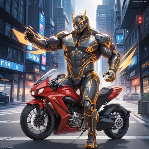 Prompt: Anthropomorphic male motorcycle, high-tech yet sleek design, metallic body gleaming in sunlight, vibrant color accents, dynamic stance exuding power, city skyline in the background, futuristic environment, dramatic shadows enhancing detail, motion blur effect to depict speed, ultra-detailed, vivid, imaginative, 4K resolution, visually striking and creative masterpiece. thick heavy massive muscular build