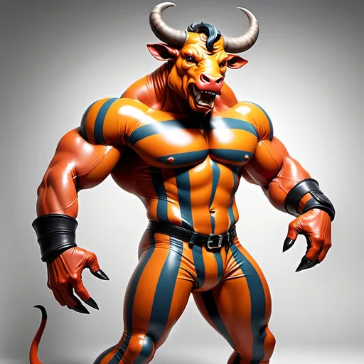 Prompt: (anthropomorphic anthro rubber latex minotaur full body), dynamic colors, stripes, half moons, muscled design, wearing really long latex gloves, playful atmosphere, hot facial, grasping his rear, features, rugged realistic styling, normal proportions, cheerful background with fierce elements, smooth textures, engaging posture, dynamic composition, ideal for a hunky character illustration, high quality, ultra-detailed.