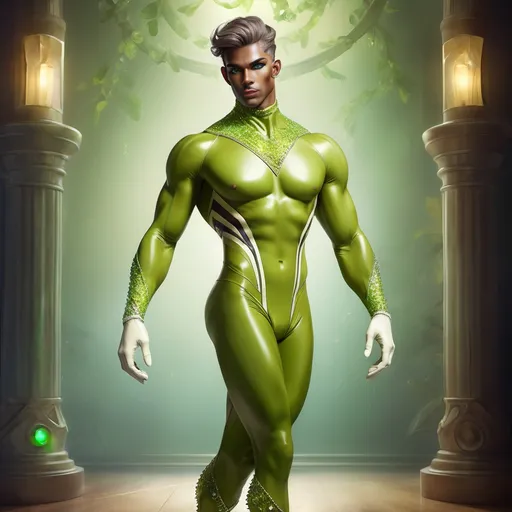 Prompt: (anthropomorphic anthro male atlas), full body reference sheet, (muscular) physique, accentuated colors of peridot and opal, detailed opal chevron accents, wearing long cream latex gloves, sleek rubber body, elegant studded ballet tights, (realistic textures), high detail, vibrant colors, intriguing lighting creating a dramatic ambiance, (nature-inspired background) to enhance form and character traits.