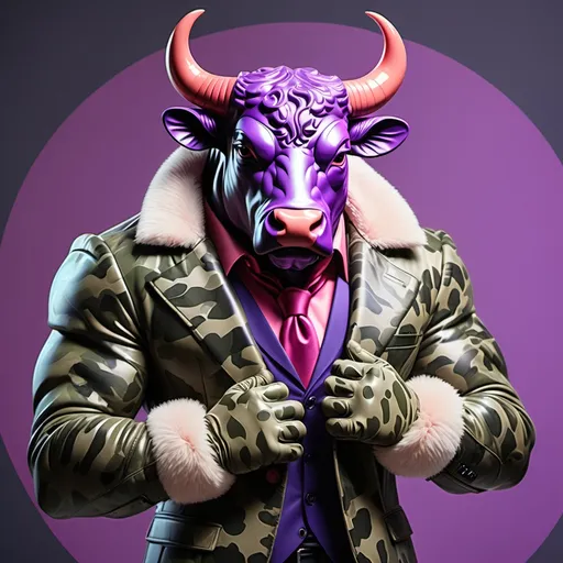 Prompt:  (Anthropomorphic anthro male bull), full body reference, wearing sleek sage latex gloves, (highly detailed fur texture), capturing the camo pattern intricacy, Salmon color  accents, vibrant  Violet Red highlights, cool-toned  Xanadu elements, dramatic lighting, striking pose to showcase confidence and elegance, (ultra-detailed), vivid colors, captivating backdrop that harmonizes with the subject’s colors.