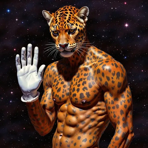 Prompt: (Anthropomorphic anthro male leopard), full body reference, wearing sleek white latex gloves, (highly detailed fur texture), capturing the spot pattern intricacy, bronze accents, vibrant #1ca9c9 highlights, cool-toned #738678 elements, dramatic lighting, striking pose to showcase confidence and elegance, (ultra-detailed), vivid colors, captivating backdrop that harmonizes with the subject’s colors.