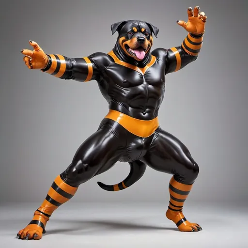 Prompt: (anthropomorphic anthro rubber latex Rottweiler full body), vibrant colors, stripes, half moons, muscled design, wearing really long latex gloves, playful atmosphere, hot facial, grasping his rear, features, rugged realistic styling, normal proportions, cheerful background with fierce elements, smooth textures, engaging posture, dynamic composition, ideal for a hunky character illustration, high quality, ultra-detailed.