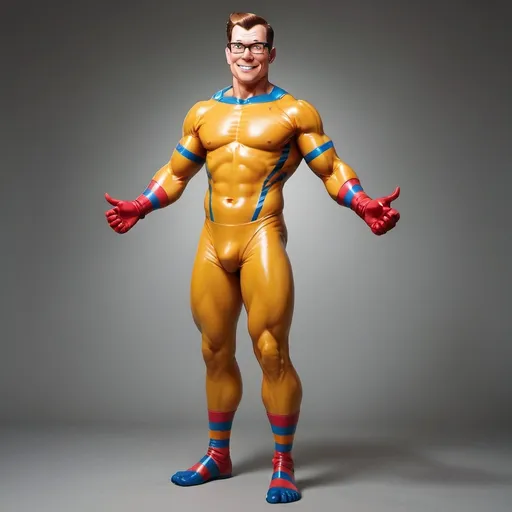 Prompt: (anthropomorphic anthro rubber latex Hank hill full body), vibrant colors, stripes, half moons, muscled design, wearing really long latex gloves, playful atmosphere, hot facial, grasping his rear, features, rugged realistic styling, normal proportions, cheerful background with fierce elements, smooth textures, engaging posture, dynamic composition, ideal for a hunky character illustration, high quality, ultra-detailed.