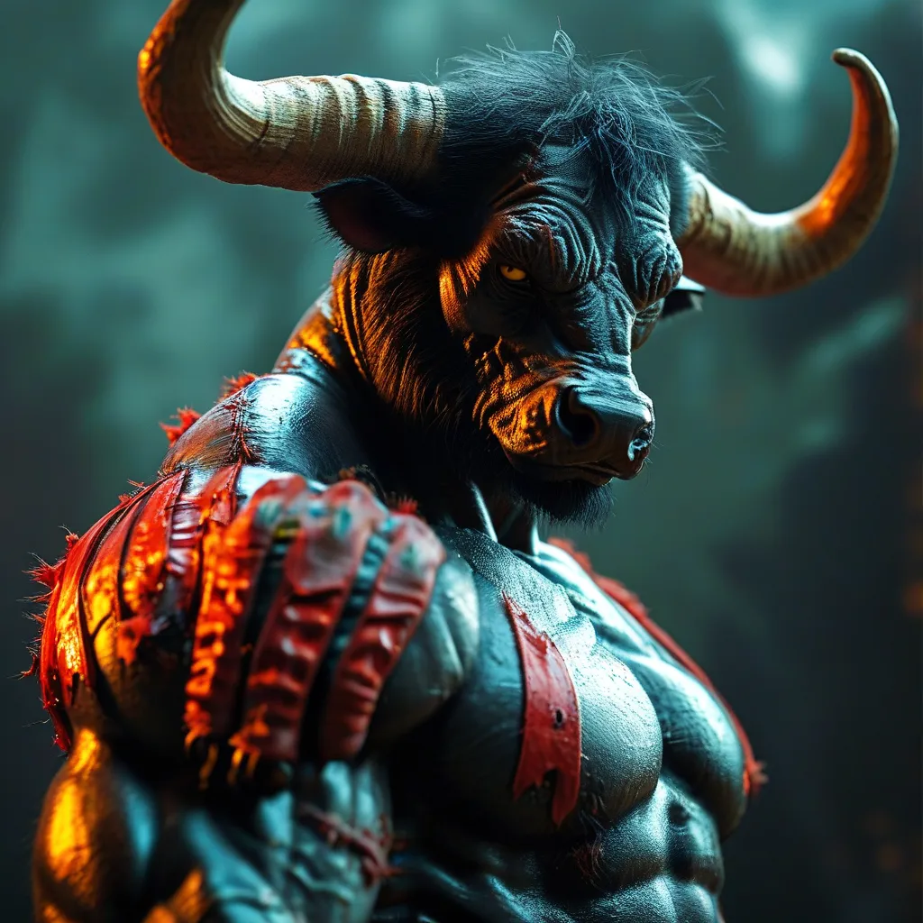 Prompt: (anthropomorphic anthro rubber latex bull full body) 90s colors, muscled design, wearing really long latex gloves, intense atmosphere, sly facial, features, rugged realistic styling, normal proportions, scary background with fierce elements, smooth textures, engaging posture, dynamic composition, ideal for a hunky character illustration, high quality, ultra-detailed.