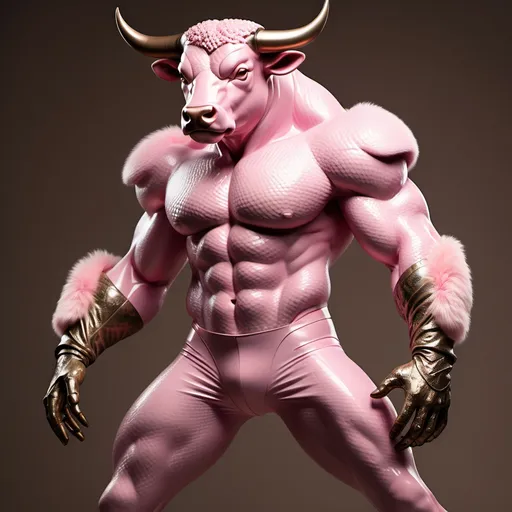 Prompt:  (Anthropomorphic anthro male bull), full body reference, wearing sleek ballet pink latex gloves, (highly detailed fur texture), capturing the camo pattern intricacy, bronze accents, vibrant #1ca9c9 highlights, cool-toned #738678 elements, dramatic lighting, striking pose to showcase confidence and elegance, (ultra-detailed), vivid colors, captivating backdrop that harmonizes with the subject’s colors.