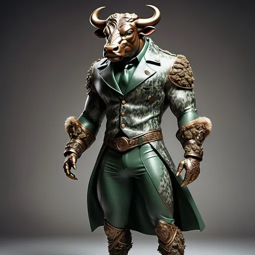 Prompt:  (Anthropomorphic anthro male bull), full body reference, wearing sleek sage latex gloves, (highly detailed fur texture), capturing the camo pattern intricacy, bronze accents, vibrant #1ca9c9 highlights, cool-toned #738678 elements, dramatic lighting, striking pose to showcase confidence and elegance, (ultra-detailed), vivid colors, captivating backdrop that harmonizes with the subject’s colors.