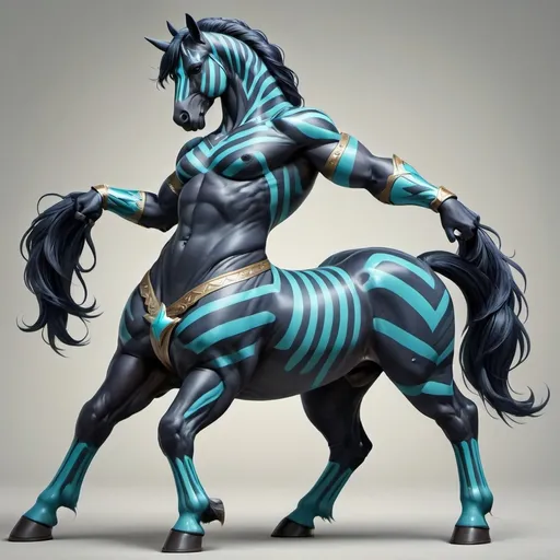 Prompt: (anthropomorphic horse taur character), full bulky body reference sheet, (thick muscled physique) 70s shapes, rubber skin texture, bright blue, smooth Aquamarine and navy color palette, featuring chevron star pattern stripes, dynamic and striking pose, ultra-detailed, 4K resolution, showcasing unique character design, capturing the essence of the retro aesthetic.