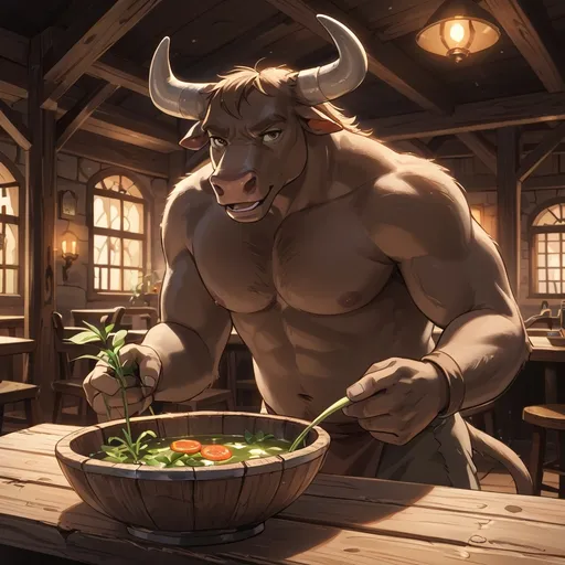 Prompt: Anthropomorphic Minotaur munching on a juicy sirloin steak, intense expression of savoring delight, dimly lit rustic tavern background, warm golden hues illuminating the scene, rich textures of wood and stone surrounding, high detail, dramatic ambiance, earthy tones, ultra-detailed, mouthwatering focus on the steak, inviting atmosphere, captivating composition.