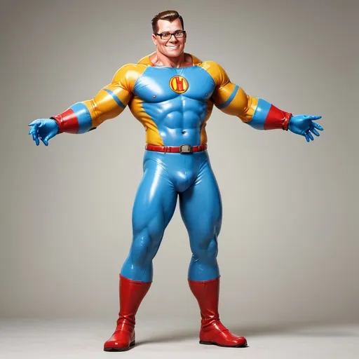 Prompt: (anthropomorphic anthro rubber latex Hank hill full body), vibrant colors, stripes, half moons, muscled design, wearing really long latex gloves, playful atmosphere, hot facial, grasping his rear, features, rugged realistic styling, normal proportions, cheerful background with fierce elements, smooth textures, engaging posture, dynamic composition, ideal for a hunky character illustration, high quality, ultra-detailed.