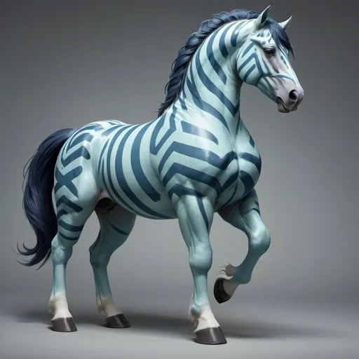 Prompt: (anthropomorphic horse taur character), full bulky body reference sheet, (thick muscled physique) 70s shapes, rubber skin texture, bright blue, smooth Aquamarine and navy color palette, featuring chevron star pattern stripes, dynamic and striking pose, ultra-detailed, 4K resolution, showcasing unique character design, capturing the essence of the retro aesthetic.