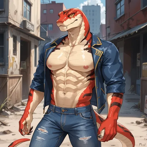 Prompt: Anthropomorphic male snake colorful bright red striped body athletic muscular build ridges jeans leather jacket fallout vault 101