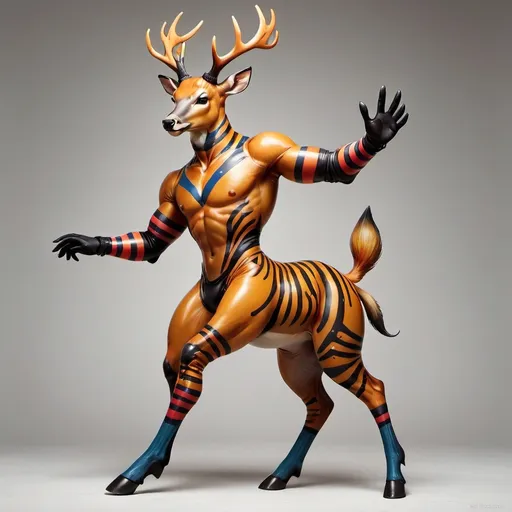 Prompt: (anthropomorphic anthro rubber latex Deer full body), vibrant colors, stripes, half moons, muscled design, wearing really long latex gloves, playful atmosphere, hot facial, grasping his rear, features, rugged realistic styling, normal proportions, cheerful background with fierce elements, smooth textures, engaging posture, dynamic composition, ideal for a hunky character illustration, high quality, ultra-detailed.