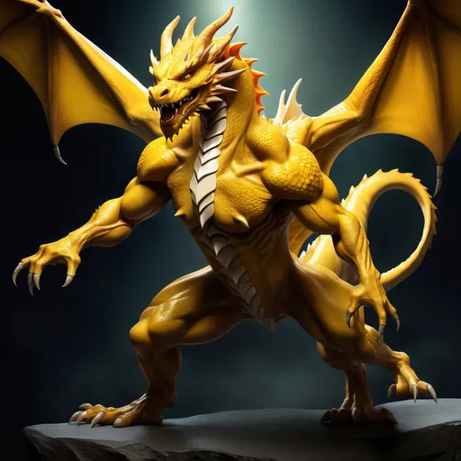 Prompt: (anthropomorphic dragon creature), full body, muscular physique, (realistic texture), opal and mustard color blend, dynamic pose, sharp angular features, rich details, (highly detailed), contrasted lighting, dramatic shadows, vibrant colors, energetic ambiance, contemporary art style, evokes strength and agility, captures the essence of fantasy.