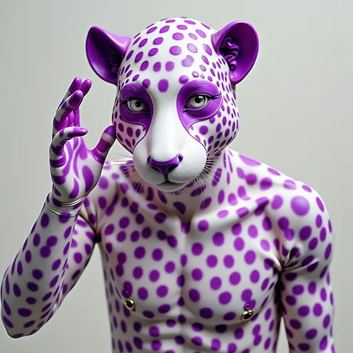 Prompt: Anthropomorphic Anthro male leopard White purple latex gloves full body reference funky color pallet