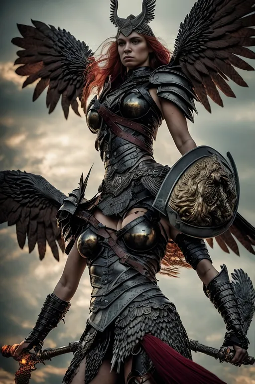 Prompt: "Create an awe-inspiring image of a Valkyrie, a fierce female warrior adorned in gleaming metal armor, her massive, powerful feathered wings unfurled behind her. With a sword gripped firmly in one hand and a shield raised in the other, she stands tall and resolute, radiating confidence and determination. Convey the viewer a profound sense of empowerment, motivation, and strength of spirit. Capture the emotions of unwavering conviction, disciplined resolve, and the ability to overcome any obstacle with unwavering determination. Let the artwork inspire a feeling of inner power and the courage to triumph over adversity. The colour palette includes red, black, gold, white and earthy tones."