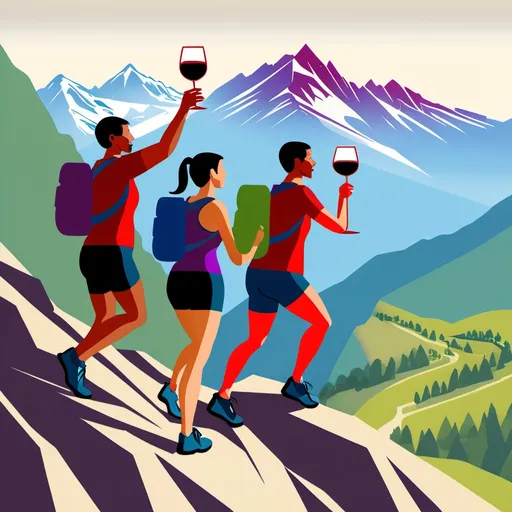 Prompt: design 4 trail runners climbing a mountain , all holding a red wine glass , the leading one holding a LARGER THAN THE OTHERS glass . Ok to see them  climbing a mountain .
Add some WINE GRAPES, and colors that are close to red wine.